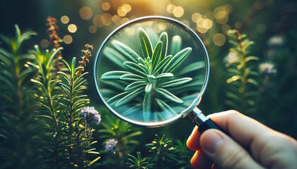 Closeup looking plants in a magnifying glass fresh green leaves of rosemary herb in garden     