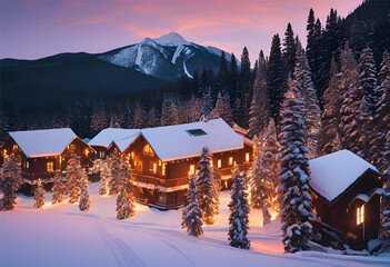 Naklejka premium Warm Lights in Snowy Mountain Village, 4K 