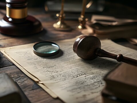 A gavel, magnifying glass, and documents on a wooden table, symbolizing legal proceedings.