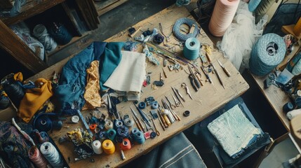 Creative sewing workspace filled with colorful fabrics, spools of thread, and various tools, showcasing the art of crafting and the joy of textile projects