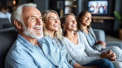Obraz premium Multi-Generational Family Enjoys Hilarious Movie Night, Sharing Laughter and Quality Time on Couch