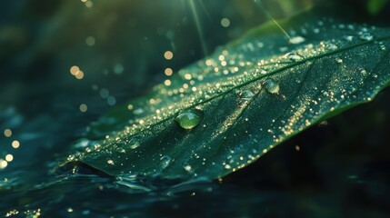 Raindrops resting on a lush green leaf with sparkling sunlight