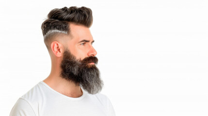 Obraz premium Side profile of a serious bearded man in a barber shop, showcasing a stylish beard and mustache for an urban hipster look.