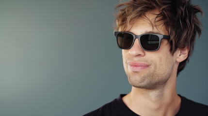 Obraz premium Stylish young man in shades leaning against a textured wall, exuding a relaxed vibe and confident smile.