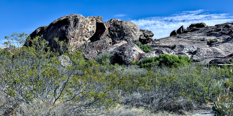 Very unique geological rock formations make up the Hueco Tanks State Park in El Paso County, Texas.