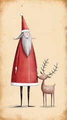 Whimsical SantaWhimsical, watercolor, Nordic, gnome, Christmas, Santa Claus, red coat, curled hat, white beard, vintage, distressed, rustic, minimalist, illustration, gifts, present, black boots, belt