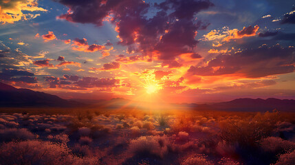 Fototapeta premium A stunning sunset over a vast grassy field, with warm golden and orange hues filling the sky and casting a peaceful glow over the gently swaying grass.