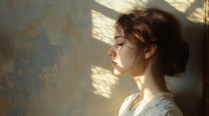 Fototapeta premium Young woman in profile illuminated by soft natural light