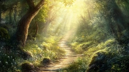 Sunlit Woodland Path, a vibrant trail meanders through lush trees, beckoning wanderers to embrace the tranquility and wonder of the great outdoors.