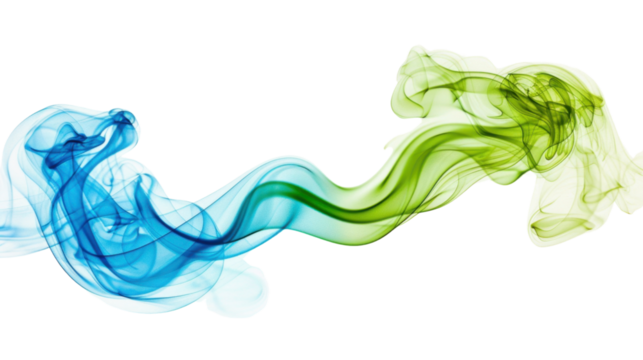 Blue and green color paint splashes smoke cloud on white transparent background


