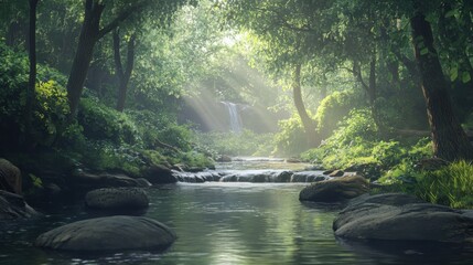 Obraz premium Serene forest landscape with a gentle stream and cascading waterfall