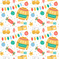 Fun Christmas seamless pattern. Vector illustration. Cute colorful festive Xmas background with simple holiday elements and symbols. Ugly sweater, ornaments, gifts, jingle bells