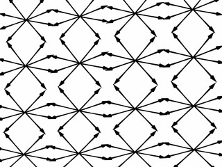 A digital design of a  repeating geometric pattern made up of interconnected black arrows arranged on a white background. 