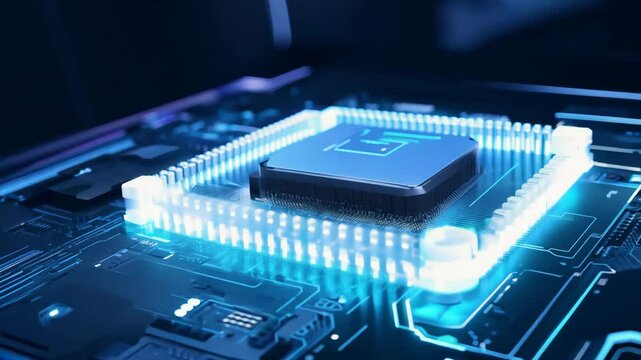 CPU Chip on Motherboard. Abstract background with computer processor chip on a circuit board with microchips and other computer parts. Electronic circuit board close up