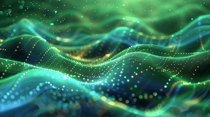 Green and Blue Digital Wave Pattern with Glowing Particles