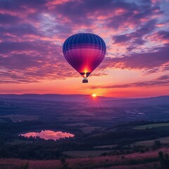 Fototapeta premium A stunning hot-air balloon shines brightly against the early morning sky, creating a captivating and colorful spectacle that embodies adventure and serenity.