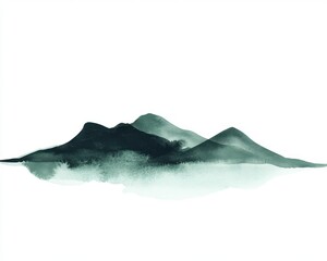 Abstract mountain landscape with soft green tones, white isolated background.