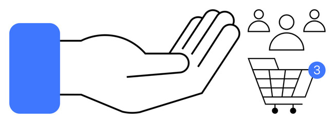 Open hand next to shopping cart with a notification and user icons. Ideal for e-commerce, customer service, online shopping, marketing, sales management, digital platforms, user engagement. Line