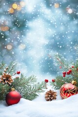 Obraz premium Festive Christmas ornaments on a snowy backdrop with twinkling snow bokeh, creating a magical holiday atmosphere.