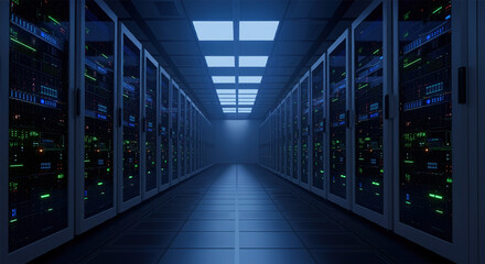 Working Data Center Filled with Rack Servers and Supercomputers, Modern Telecommunications, Artificial Intelligence, Supercomputer Technology Concept.3d rendering, conceptual image.