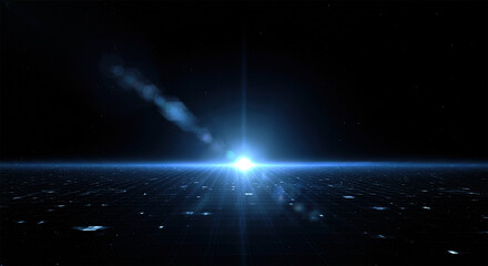 Perspective Grid. Abstract background shining blue floor ground particles stars dust with flare. Futuristic glittering in space on black background.