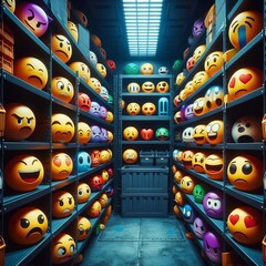 Various emotions and colors emoji dark storage room with shelves underground