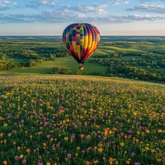 Fototapeta premium A stunning hot-air balloon shines brightly against the early morning sky, creating a captivating and colorful spectacle that embodies adventure and serenity.