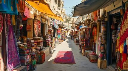 Fototapeta premium A vibrant market street filled with colorful textiles and handicrafts, inviting exploration and shopping.