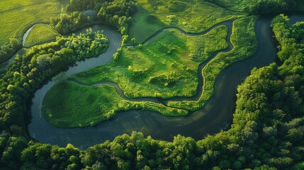 Aerial view of winding river in lush green forest