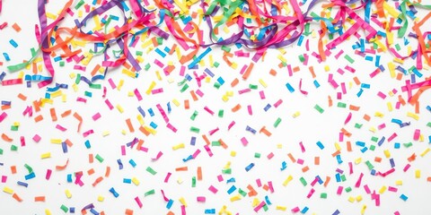Colorful confetti with streamers scattered on surface, festive, carnival