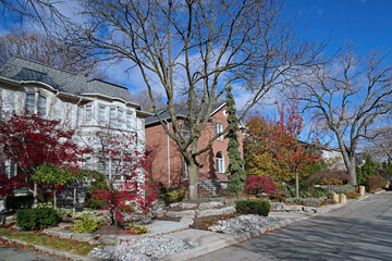 Suburban residential street with colorful leaves in fall