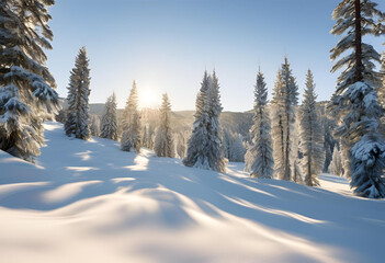 Serene Snowy Hills with Sunlit Pines, 4K
