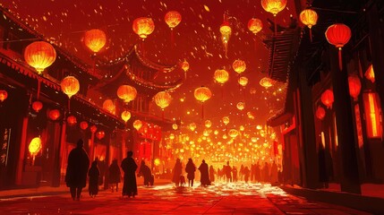 Obraz premium Vibrant 2D cartoon scene featuring festive red hues and stylized lanterns showcasing characters symbolizing the Year of the Dragon ideal for celebratory themes