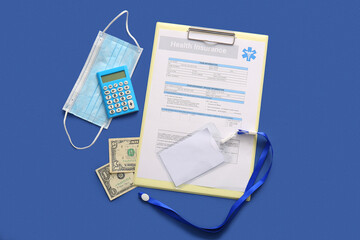 Calculator, medical mask, money and clipboard on blue background. Health insurance concept