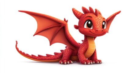 Fototapeta premium Adorable cartoon baby dragon in vibrant red set against a clean white backdrop