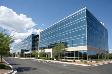 Corporate office building with bold architectural features and reflective glass facade against a sunny blue sky, high rise, urban landscape, steel beams, architectural feature, reflective glass