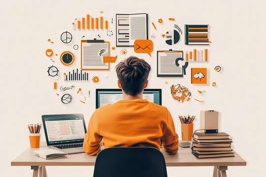 Student engages in focused study at desk surrounded by learning resources and digital tools for enhanced academic success