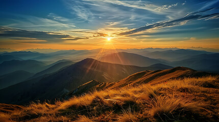 A breathtaking sunset over a majestic mountain range, with warm hues of orange and pink lighting up the sky, casting long shadows over the rugged peaks and valleys.