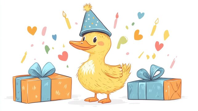 Duck wearing a festive hat and surrounded by a gift box Celebratory birthday theme Hand drawn cartoon illustration on a white background