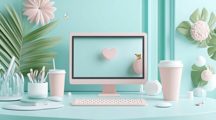 A stylish desk setup featuring a pastel-colored computer, items like a notebook, cups, and decorative plants against a soothing teal background.