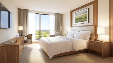 A modern hotel room featuring a double bed, bedside lamps, a desk, and large windows offering scenic views.