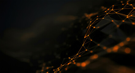 A wave of connecting lines and dots. The concept of big data and technology. Abstract background with dynamic wave with golden dots. 3d rendering.