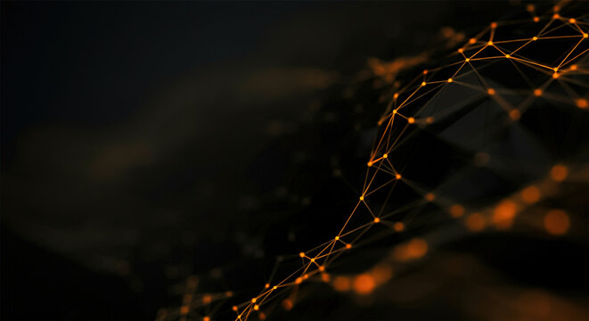 A wave of connecting lines and dots. The concept of big data and technology. Abstract background with dynamic wave with golden dots. 3d rendering. - Powered by Adobe