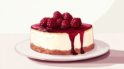 Elegant cheesecake with a fresh berry compote topping, in a minimalist white kitchen