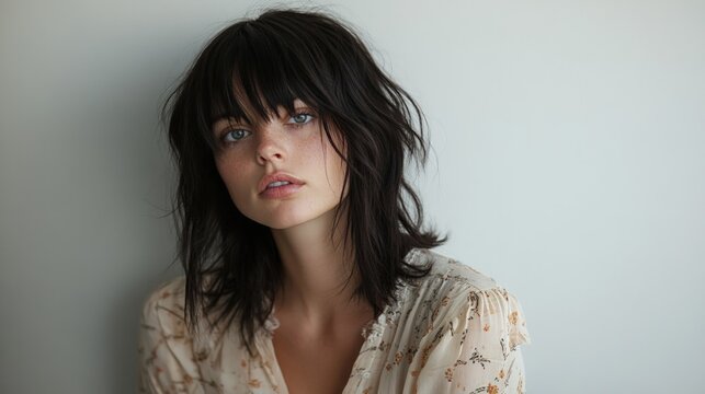 Trendy woman with textured shag haircut and curtain bangs, showcasing layers for a stylish vintage aesthetic, exuding confidence and charm in a vibrant setting