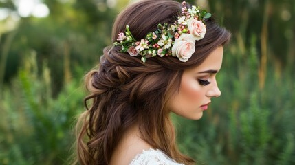 Naklejka premium Elegant woman with floral hair, exuding charm and grace, ideal for capturing the essence of romance in an enchanting outdoor celebration