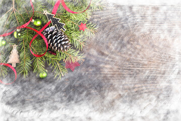 Christmas tree with cones on a gray background. background with space for text.