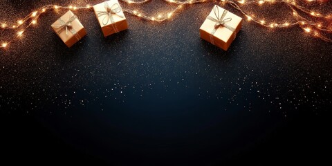 Three gift boxes adorned with bows and glowing lights on a dark surface, creating a festive and mysterious ambiance.
