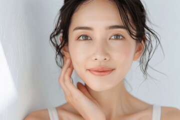 Elegant Japanese Woman Smiling Gently Touching Smooth Skin in High Resolution Portrait Shot