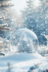 A delicate snow globe on a pristine snow-covered ground, capturing a serene winter scene under a clear, bright sky.